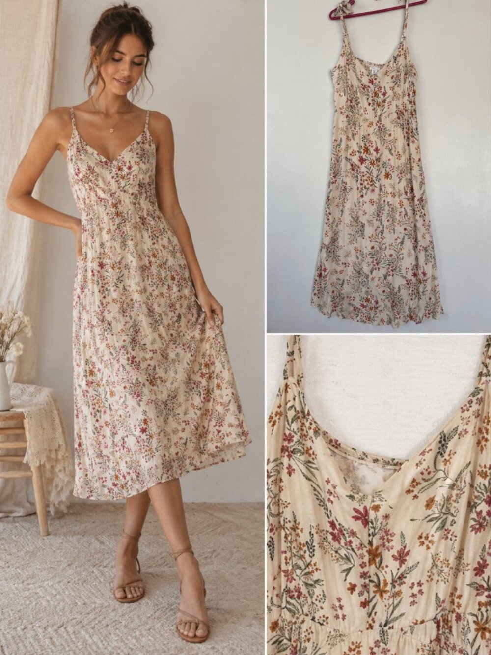 Floral Midi Dress Cream Boho Sundress Spaghetti Strap Flowy Women’s XL